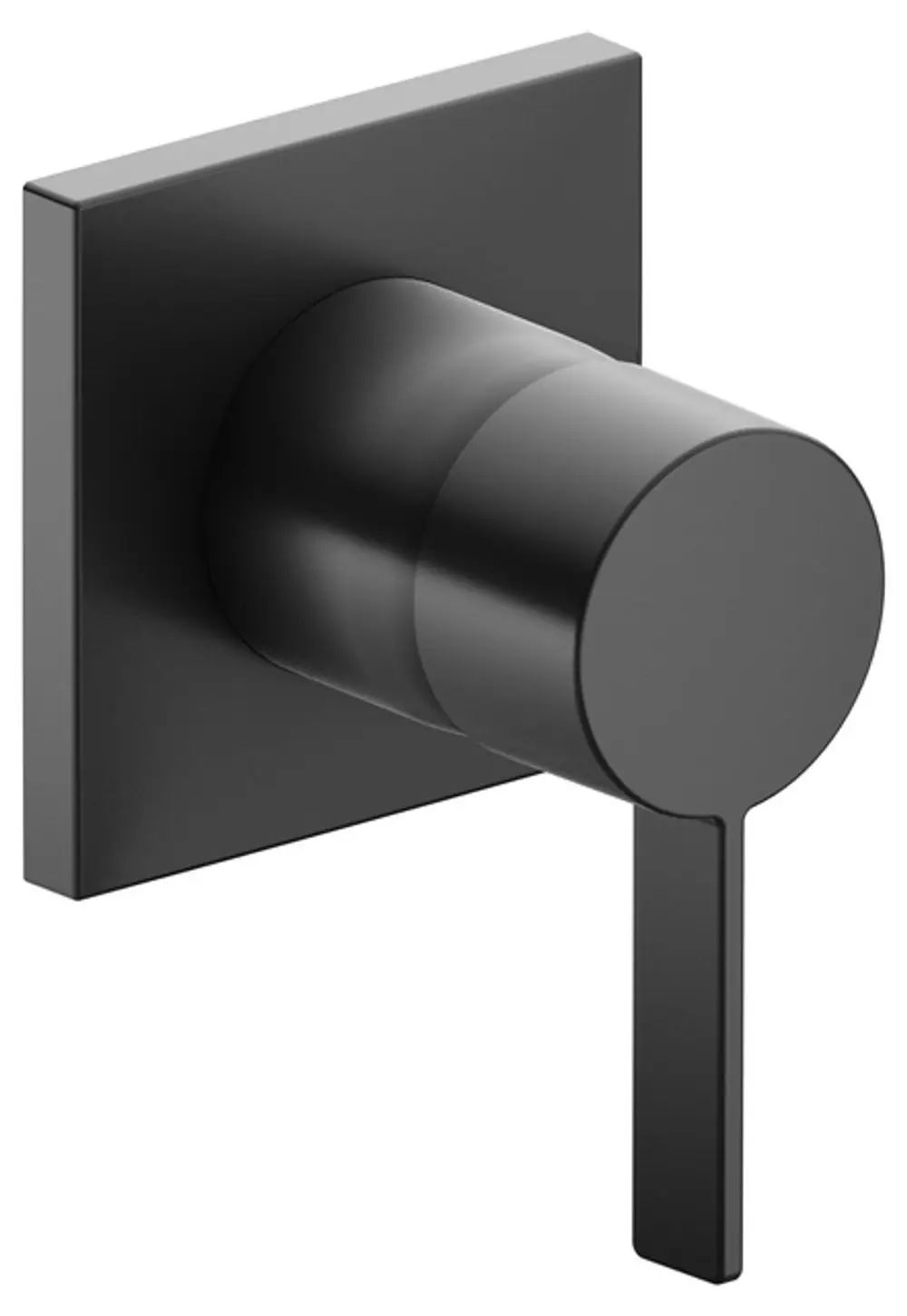 Schwarzer Wandarmatur von Keuco mit runder Steuerung und seitlichem Hebel in minimalistischer eckiger Form.